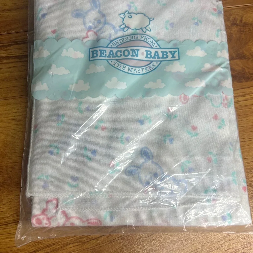 Vintage Beacon Baby‎ Receiving Blankets 30x30 White Bunny Floral 2pk Cotton NEW